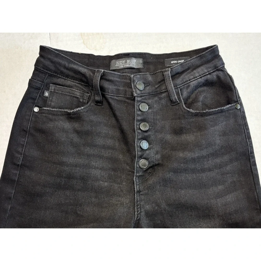 Judy Blue Wide Crop Jeans Womens 7/28 Black High Rise Raw Hem Stretch‎